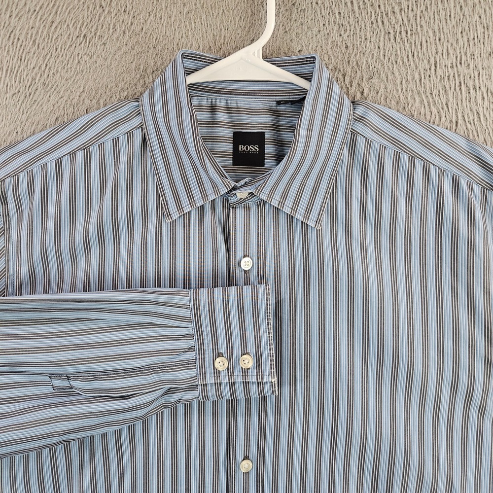 Hugo Boss Mens XL Blue Striped Cotton Long Sleeve‎ Button Down Shirt